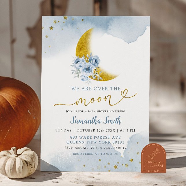 Invitation Etoiles et Lune Dusty Baby shower bleu (Créateur téléchargé)