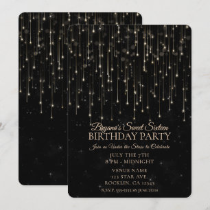 Invitation Étoiles Filantes Étincelantes Noires Chic Sweet 16