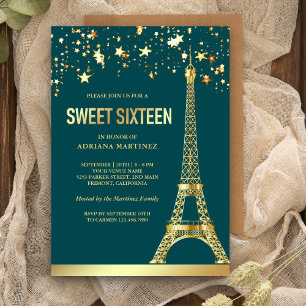 Invitation Etoiles Gold Foil Tour Eiffel Sweet sixteen Turquo