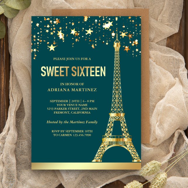 Invitation Etoiles Gold Foil Tour Eiffel Sweet sixteen Turquo (Créateur téléchargé)