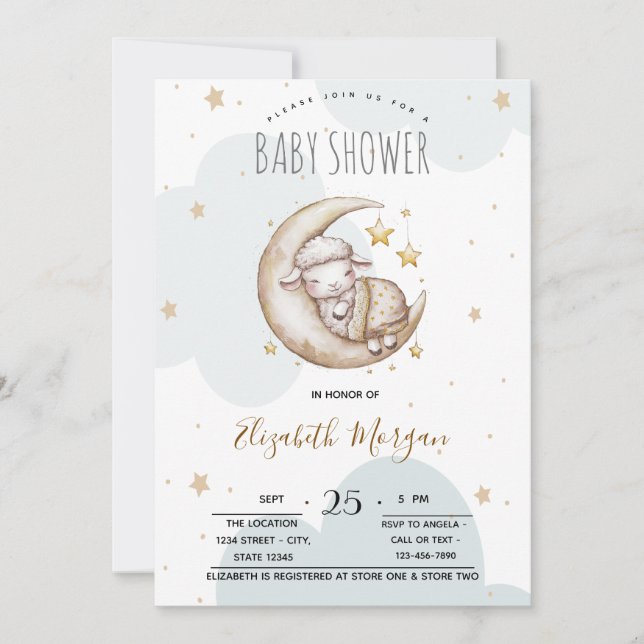 Invitation Etoiles Lune Nuages Petit Baby shower mouton (Devant)