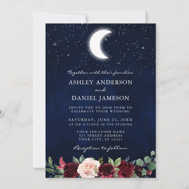 Invitation Étoiles Mariages célestes de lune Floral (Devant)