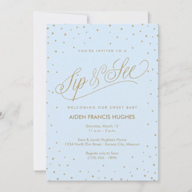 Invitation Étoiles mousseuses Bleu Garçon bébé Sip et voir (Devant)