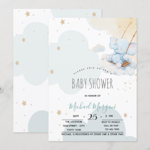 Invitation Etoiles Nuages Bleu Teddy Baby shower Ours