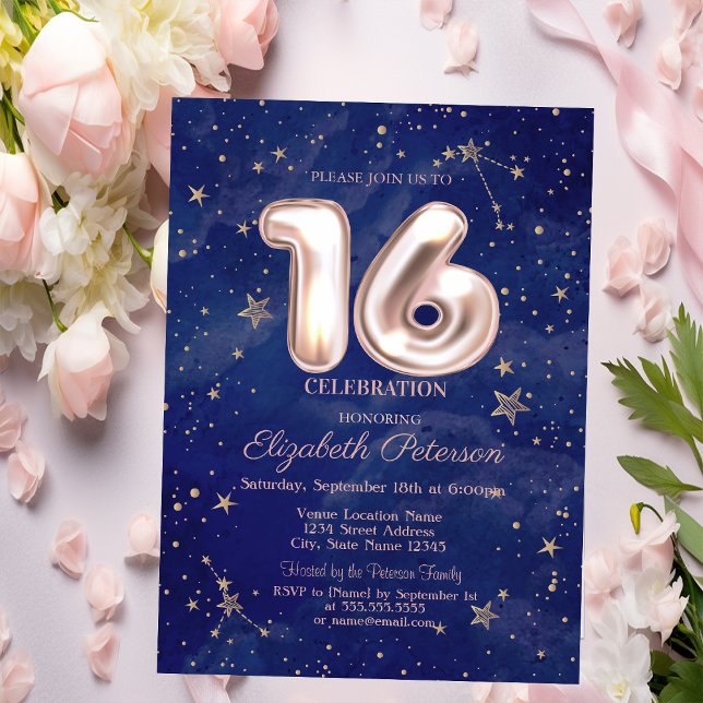 Invitation Étoiles or Rose tendance Marine Blue Sweet 16 (Créateur téléchargé)