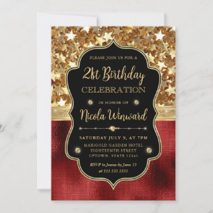 Invitation Étoiles Pailletées Rouges et Anniversaire 21 Ans e