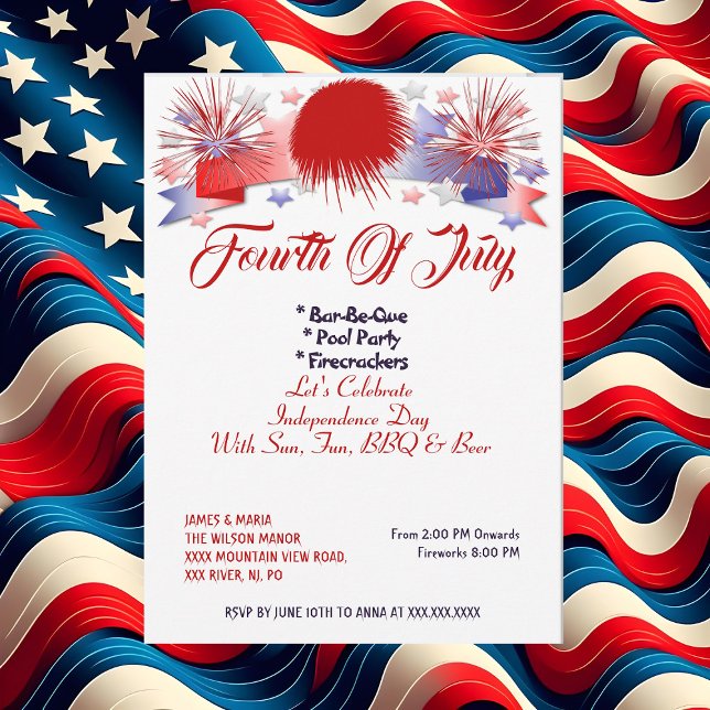 Invitation Étoiles patriotiques 4e juillet Fraprackers BBQ Pa (Patriotic Stars 4th July Firecrackers BBQ Party Invitation)