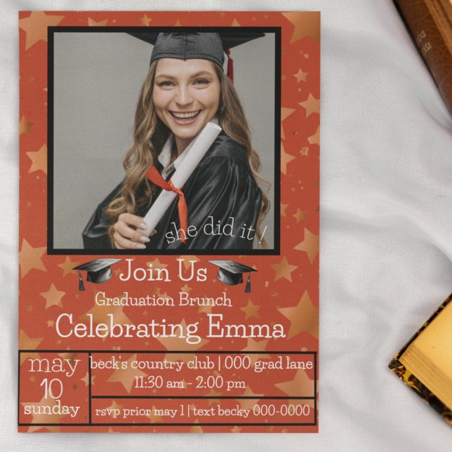 Invitation Étoiles photo | Rouge | Or | Black Graduation Part (Red, gold and black on a graduation party invitation with customizable text and photo addition. )