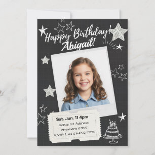 Invitation Étoiles Polaroïd Noir Blanc Anniversaire