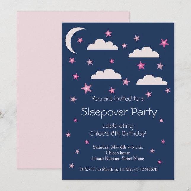 Invitation Étoiles roses Nuages Bleu Anniversaire Soirée (Devant / Derrière)