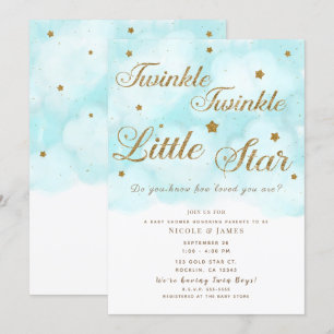 Invitation Étoiles scintillantes dorées et nuages dans un cie