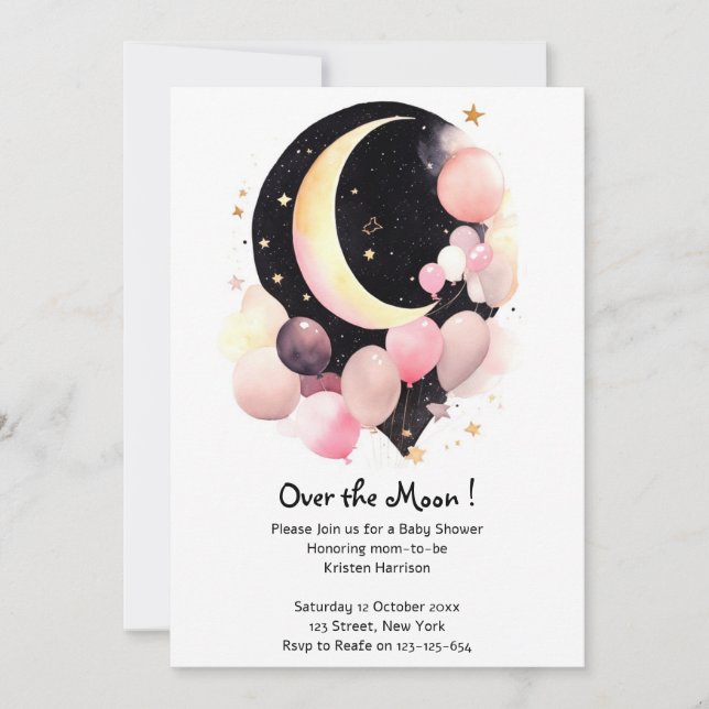 Invitation Étoiles scintillantes : Lune et étoiles Bébé Fille (Devant)