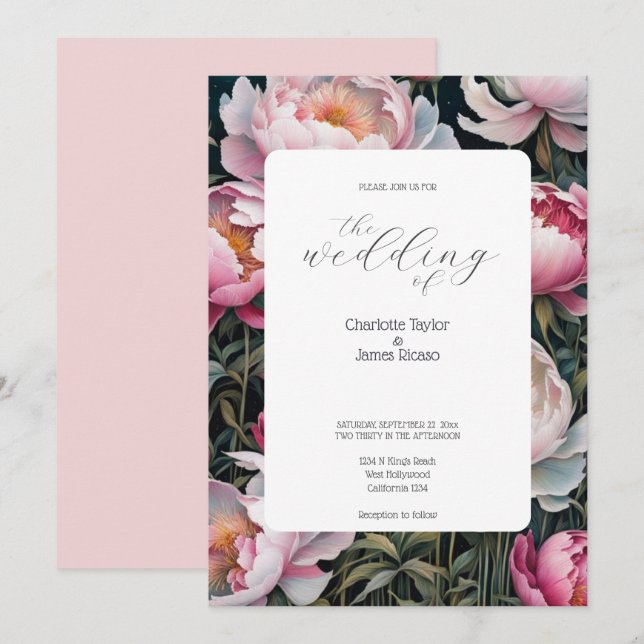 Invitation Étonnante Peonies rose et blanc Mariage élégant (Devant / Derrière)