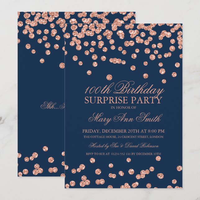 Invitation Étonnez bleu marine rose de parties scintillantes (Devant / Derrière)