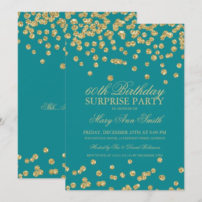 Invitation Étonnez les soixantième confettis Teal de parties (Devant / Derrière)