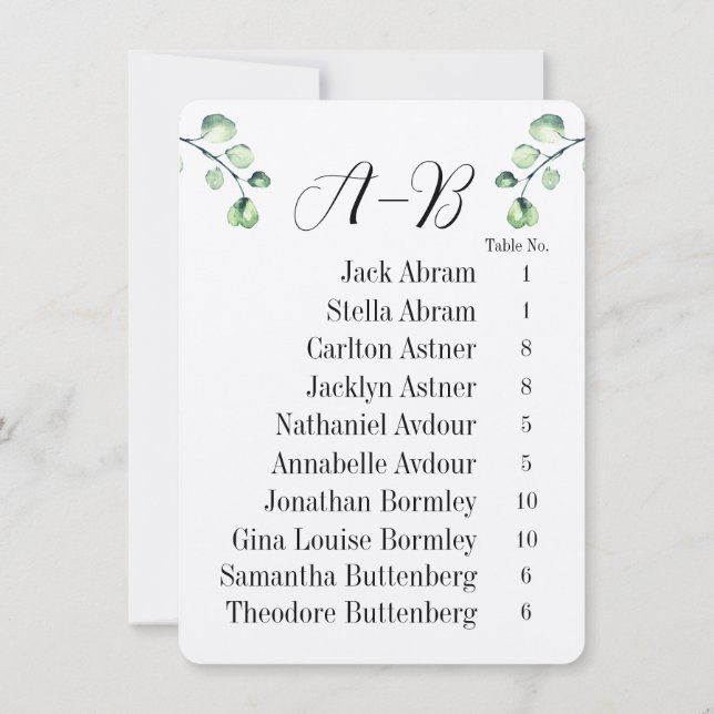 Invitation Eucalyptus Alphabetical 10 Guest Table Chart Cards (Dos)
