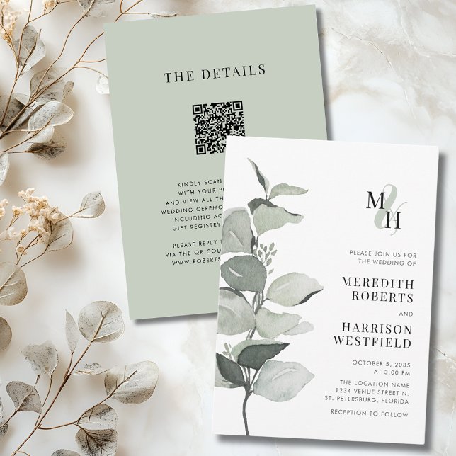 Invitation Eucalyptus Ampersand Monogram QR Code Mariage (Eucalyptus Ampersand Monogram QR Code Wedding Invitation)