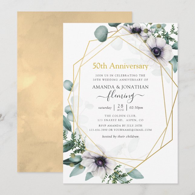 Invitation Eucalyptus Anémone géométrique 50e anniversaire (Devant / Derrière)