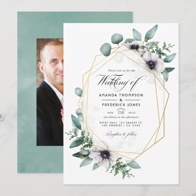 Invitation Eucalyptus Anémonique photo Mariage géométrique (Devant / Derrière)