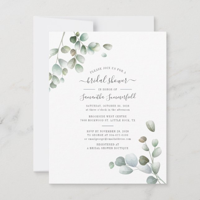 Invitation Eucalyptus Aquarelle Foliage Fête des mariées Scri (Devant)