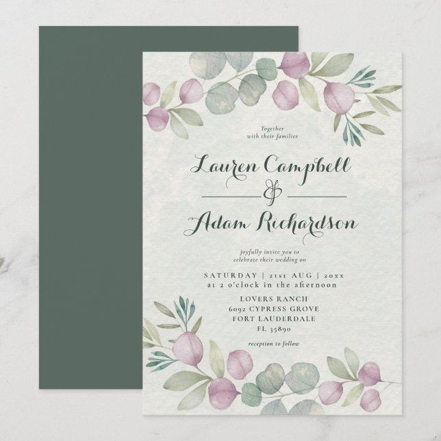 Invitation Eucalyptus Aquarelle Sage Green Mariage Invitatiat (Devant / Derrière)