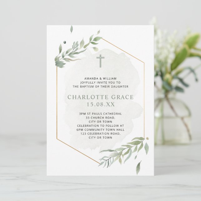 Invitation Eucalyptus Aquarelle Sage Vert & Or Baptême (Debout devant)