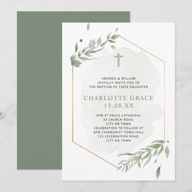 Invitation Eucalyptus Aquarelle Sage Vert & Or Baptême En (Devant / Derrière)