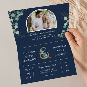 Invitation Eucalyptus Arche Photo Bleu Marine Code QR Mariage