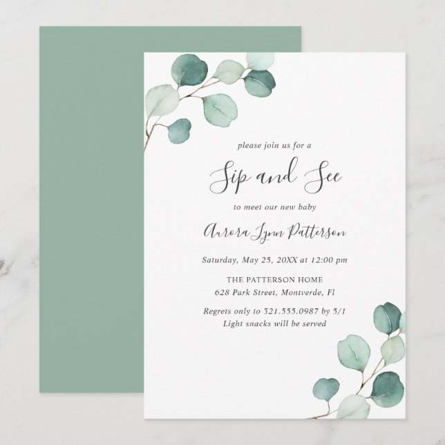 Invitation Eucalyptus Baby Elegant Sip et voir (Devant / Derrière)