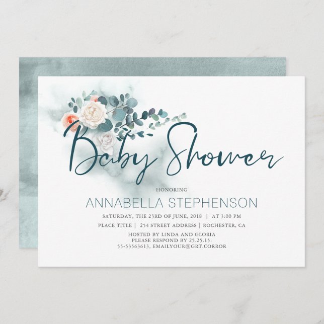Invitation Eucalyptus | Baby shower de verdure aquarelle (Devant / Derrière)
