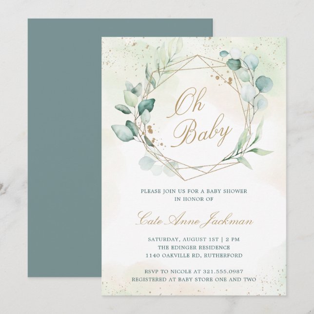Invitation Eucalyptus Baby shower géométrique neutre genre (Devant / Derrière)
