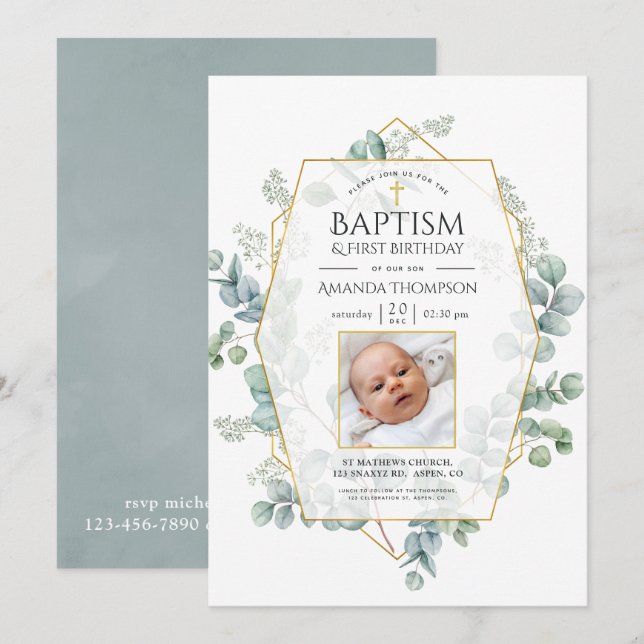 Invitation Eucalyptus Baptême géométrique 1er anniversaire (Devant / Derrière)