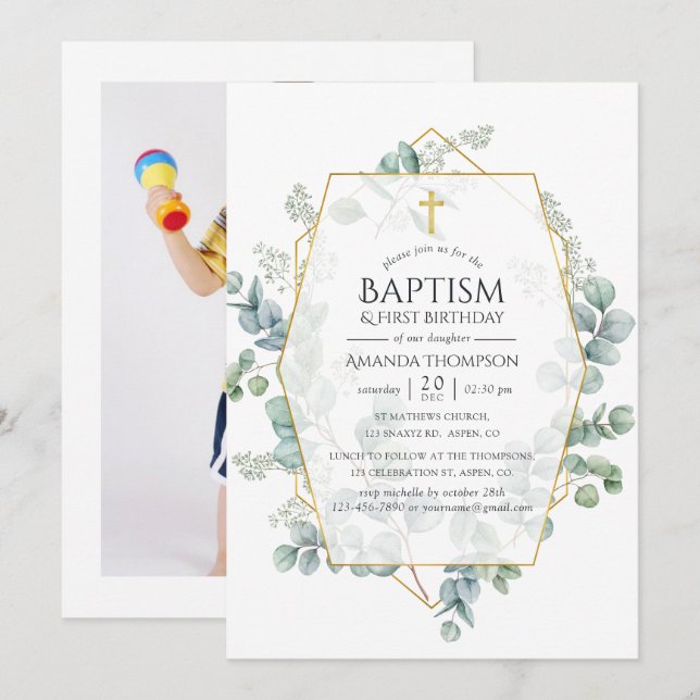 Invitation Eucalyptus Baptême géométrique 1er anniversaire Ph (Devant / Derrière)