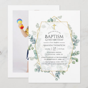 Invitation Eucalyptus Baptême géométrique 1er anniversaire Ph