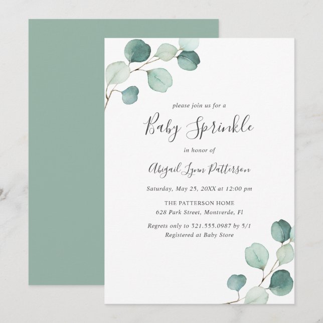 Invitation Eucalyptus Bébé Sprinkie verte neutre pour les hom (Devant / Derrière)