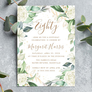 Invitation Eucalyptus Blanc Or Floral 80e Quatre-vingts Anniv