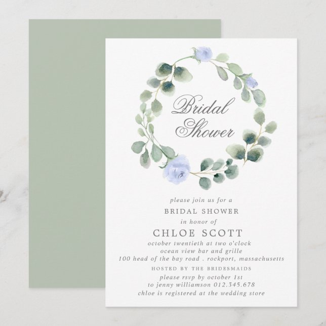Invitation Eucalyptus Blue Floral Wreath Fête des mariées (Devant / Derrière)