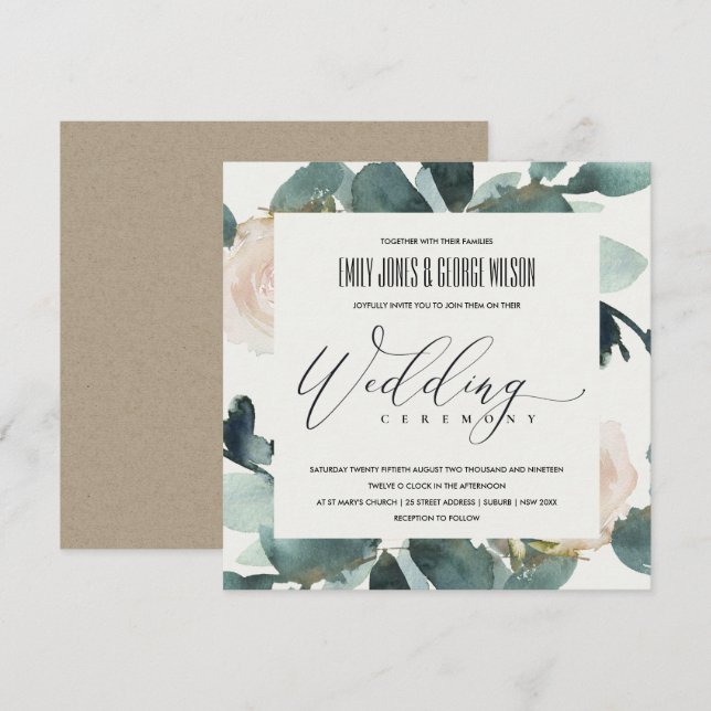 INVITATION EUCALYPTUS BLUSH ROSE FOLIAGE MARIAGE WATERCOLOR (Devant / Derrière)