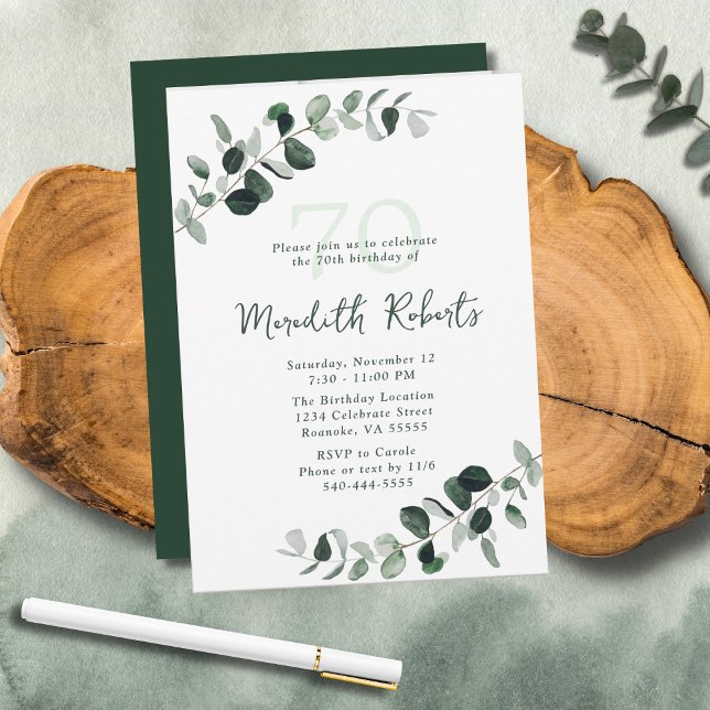 Invitation Eucalyptus Botanical Greenery 70e anniversaire (Eucalyptus Botanical Greenery Nature-Inspired 70th Birthday Party Invitation)