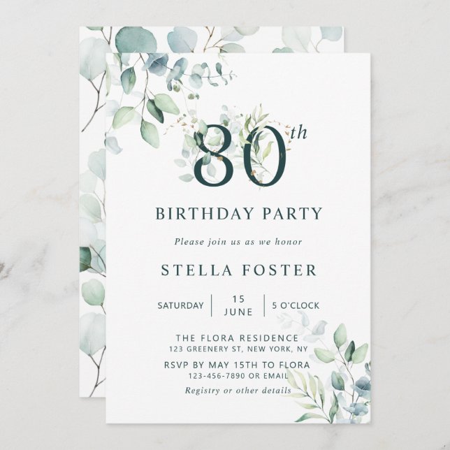 Invitation Eucalyptus Botanical Number 80th Birthday Party (Devant / Derrière)