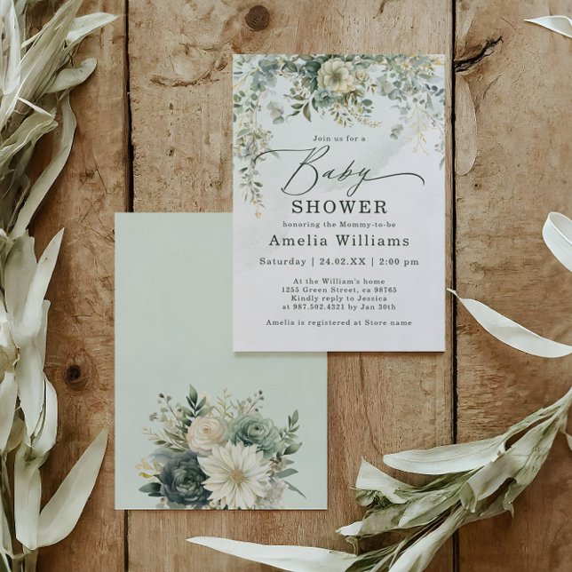 Invitation Eucalyptus Botanique Aquarelle Baby shower vert (Créateur téléchargé)