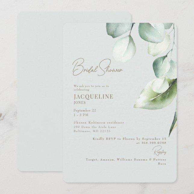 Invitation Eucalyptus Botanique Sage Élégante Fête des mariée (Devant / Derrière)