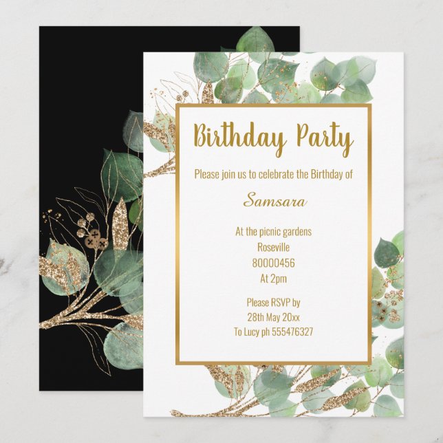 Invitation Eucalyptus Branche Gold Vert Trier 2 Anniversaire (Devant / Derrière)