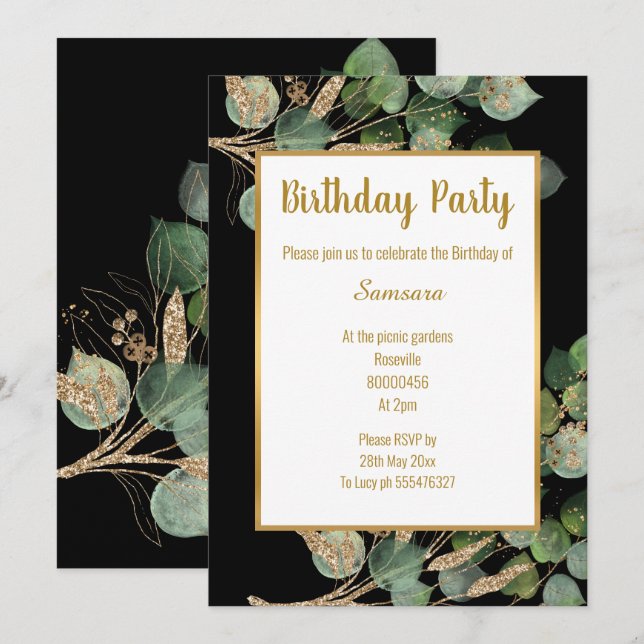 Invitation Eucalyptus Branche Vert Gold Trier Anniversaire (Devant / Derrière)