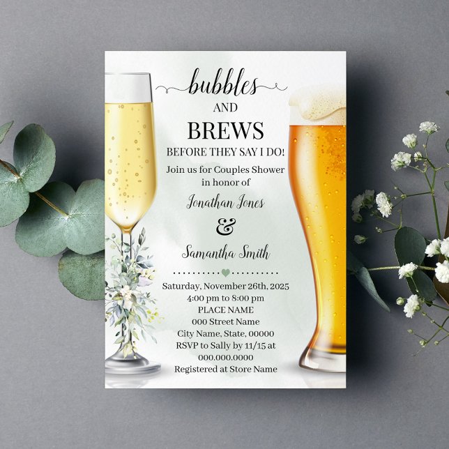 Invitation Eucalyptus bulles de verdure et brasse douche (Eucalyptus Greenery Bubbles and Brews Couples shower invitation Champagne & Beers Greenery Wedding)