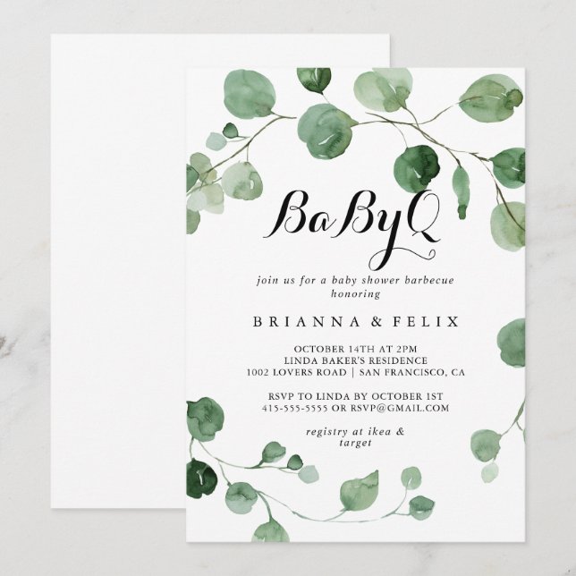 Invitation Eucalyptus calligraphie BabyQ Baby shower Barbecue (Devant / Derrière)