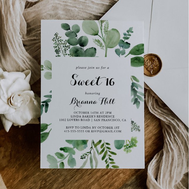 Invitation Eucalyptus Calligraphie Sweet 16 Anniversaire (Créateur téléchargé)