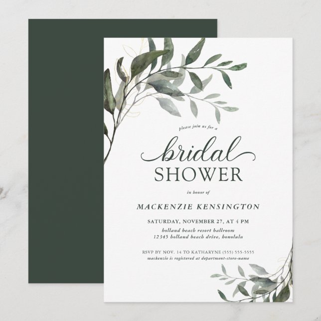 Invitation Eucalyptus Chic Verdure Élégante Fête des mariées (Devant / Derrière)