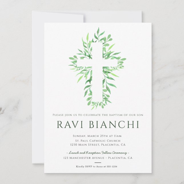 Invitation Eucalyptus Christening Vert Baptême (Devant)