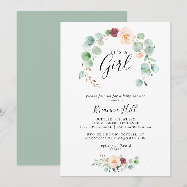 Invitation Eucalyptus contemporain C'est un Baby shower fémin (Devant / Derrière)